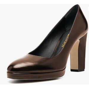 miss left Brown Platform Almond Toe Pumps Slip On Chunky High Heels Shoes